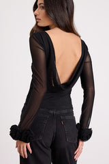 Vassana Black Mesh Cowl Back Long Sleeve Top