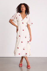 Jolina White Embroidered Swiss Dot Flutter Sleeve Midi Dress
