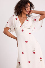 Jolina White Embroidered Swiss Dot Flutter Sleeve Midi Dress