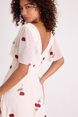 Jolina White Embroidered Swiss Dot Flutter Sleeve Midi Dress