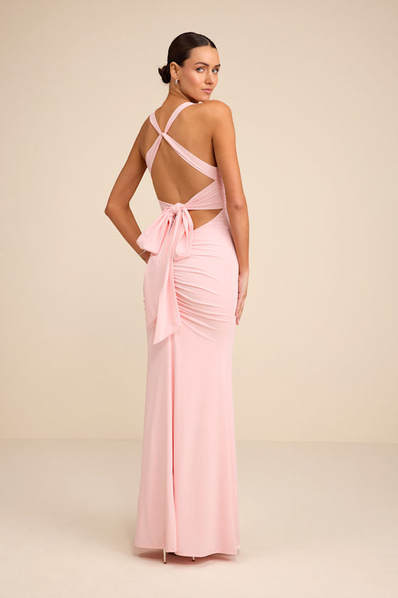 Cazy Light Pink Jersey Knit Twist-Front Maxi Dress