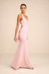 Cazy Light Pink Jersey Knit Twist-Front Maxi Dress