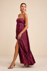 Jasiel Burgundy Jacquard Lace-Up Tiered Maxi Dress
