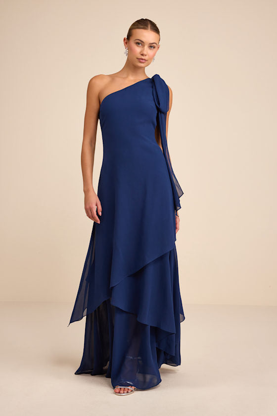 Camellia Dark Blue One-Shoulder Bow Maxi Dress