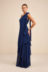 Camellia Dark Blue One-Shoulder Bow Maxi Dress