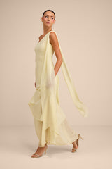 Camellia Light Yellow One-Shoulder Bow Maxi Dress