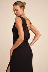 Vienta Black Chiffon Asymmetrical Maxi Dress