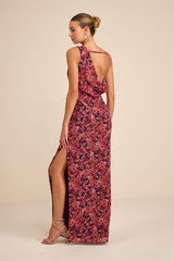 Vienta Magenta Floral Chiffon Asymmetrical Maxi Dress