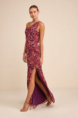 Vienta Magenta Floral Chiffon Asymmetrical Maxi Dress