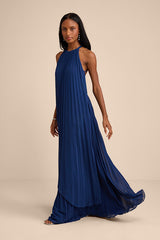 Dorala Dark Blue Pleated Lace-Up Tiered Maxi Dress