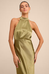Sevinia Olive Green Satin Mock Neck Sleeveless Maxi Dress