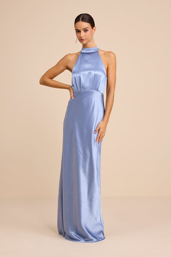 Sevinia Slate Blue Satin Mock Neck Sleeveless Maxi Dress