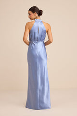 Sevinia Slate Blue Satin Mock Neck Sleeveless Maxi Dress