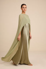 Cavana Sage Satin Cape Maxi Dress
