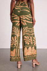 Sabo Olive and Tan Boho Print Wide-Leg Pants