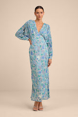 Azalea Blue Multi Floral Long Sleeve Midi Dress