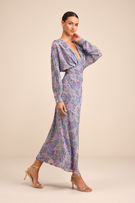 Azalea Purple Multi Floral Long Sleeve Midi Dress