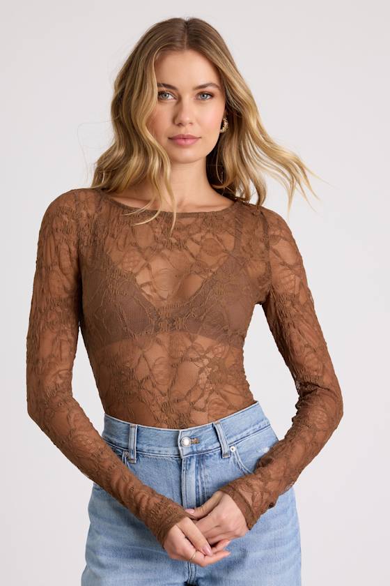 Hunter Light Brown Sheer Lace Long Sleeve Top