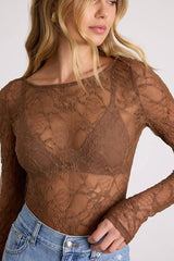 Hunter Light Brown Sheer Lace Long Sleeve Top