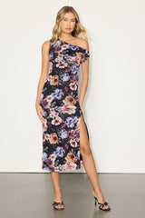 Estella Black Multi Floral Mesh One-Shoulder Midi Dress
