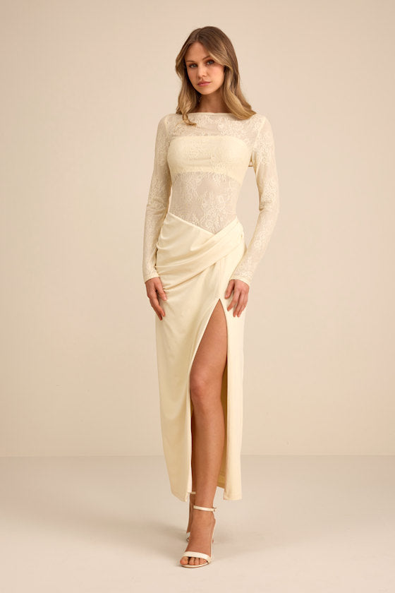 Nadina Pale Yellow Lace Long Sleeve Maxi Dress