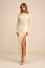 Nadina Pale Yellow Lace Long Sleeve Maxi Dress