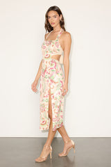 Denaris Cream Multi Floral Sequin Tie-Back Midi Dress