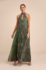 Calixta Green Abstract Chiffon Sash Shift Maxi Dress