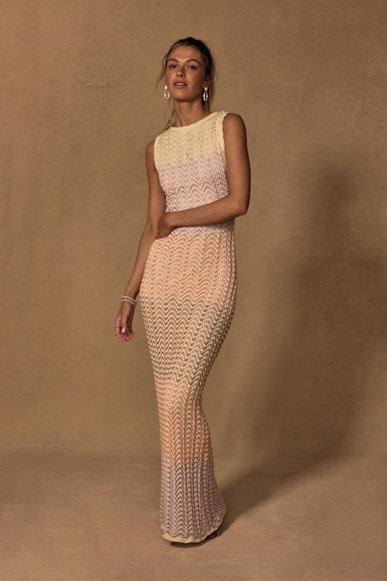 Kirsten Cream Multi Crochet Backless Maxi Dress