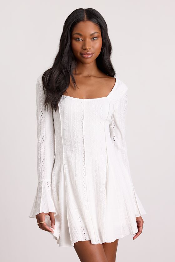 Mirielle White Textured Long Sleeve Mini Dress
