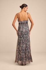 Teomara Navy Paisley Print Lurex Tie-Strap Maxi Dress