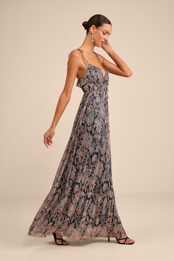 Teomara Navy Paisley Print Lurex Tie-Strap Maxi Dress