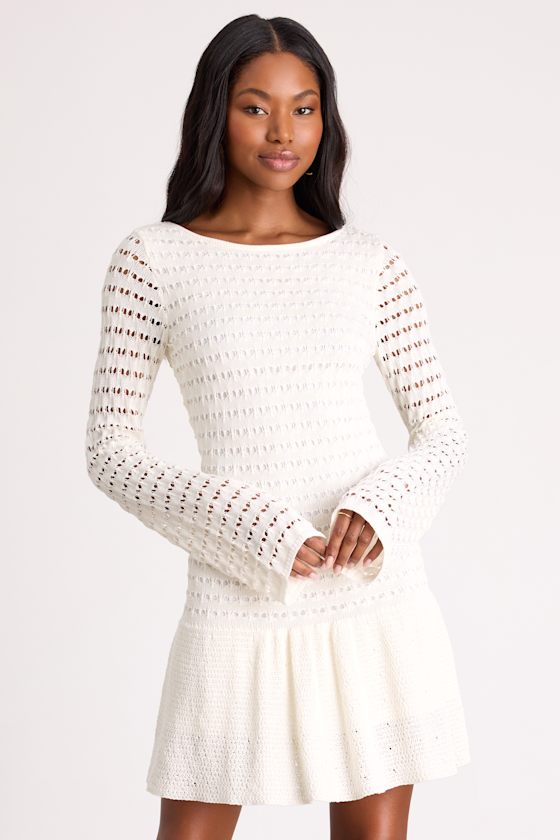 Sylvie Ivory Loose Knit Drop Waist Sweater Mini Dress