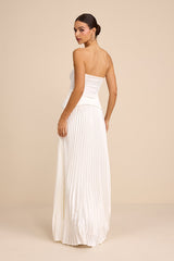 Dovey White Satin Pleated Maxi Dress