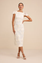 Kenna Ivory Lace Flutter Sleeve Midi Dress
