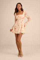 Rieti Cream Floral Burnout Long Sleeve Mini Dress