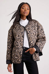 Lisa Brown Leopard Print Collarless Quilted Jacket