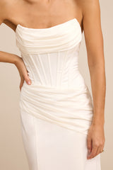 Claudette White Satin Strapless Bustier Maxi Dress