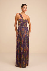 Maribella Dark Purple Floral Lurex Pleated Maxi Dress