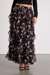 Carion Black Floral Ruffled Maxi Skirt