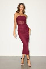 Utterly Attractive Burgundy Mesh Ruched Strapless Midi Dress