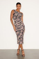 Mizela Black Floral Mesh One-Shoulder Midi Dress