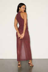 Quinta Dark Mauve Mesh Halter Ruched Midi Dress