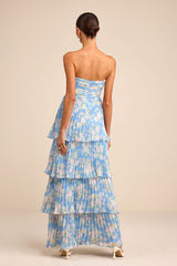 Seriously Sensational Blue Floral Strapless Tiered Maxi Dress