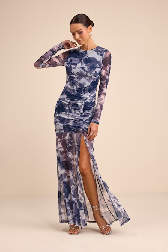 Vibrant Poise Blue Floral Print Mesh Ruched Maxi Dress