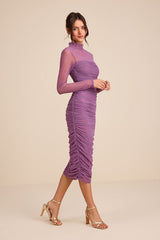 Impressive Flirt Dusty Purple Mesh Ruched Mock Neck Midi Dress
