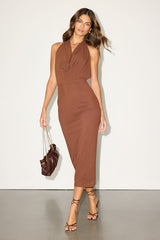 Venus Brown Mesh Backless Midi Dress