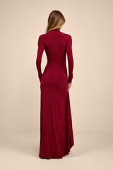 Tassana Wine Red Jersey Knit Mock Neck Maxi Dress