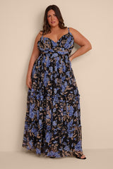 Niora Black and Blue Floral Pleated Maxi Dress