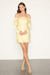 Luxurious Vision Light Yellow Satin Off-the-Shoulder Mini Dress